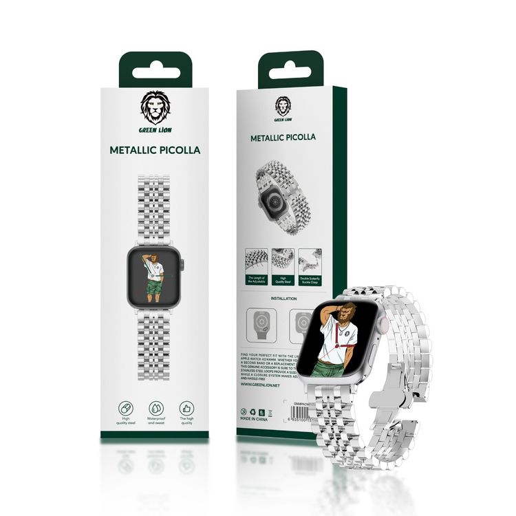 Green Lion Picolla Acero Correa Watch Strap for Apple Watch 42/44mm, Stainless Steel Material, Easy to Install, Comfortable Wear, Slide & Click System - Silver