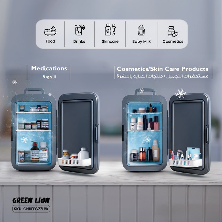 ثلاجة صغيرة جرين ليون بسعة 22 لتر، ضوضاء منخفضة، حماية متعددة، تحكم في درجة الحرارة، خيارات طاقة متعددة، هادئة وصديقة للبيئة، مدمجة ومحمولة، بتقنية التبريد المتقدمة - لون أسود.