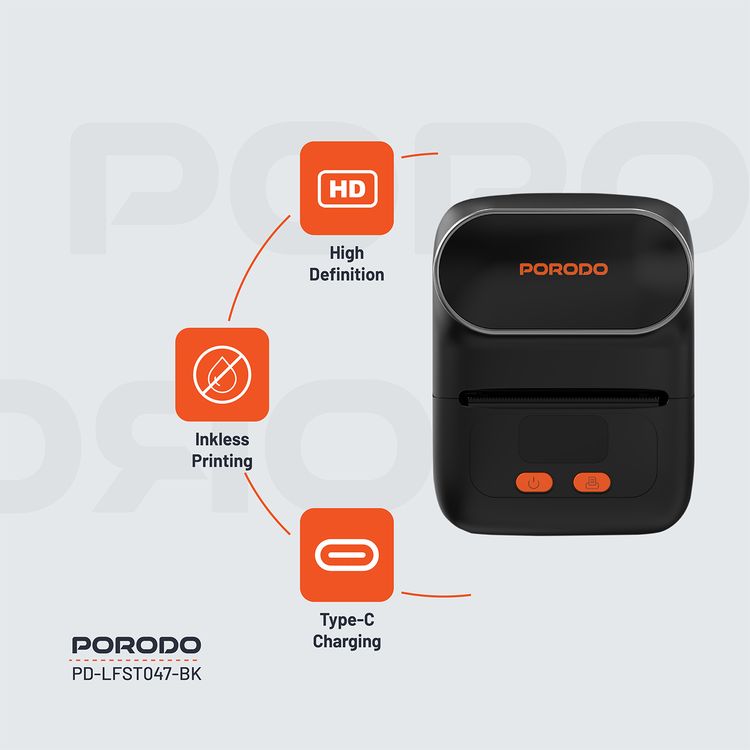 Porodo Super HD Thermal Printer with Bluetooth, 1200mAh Battery Capacity, 2.5 Hours Recharge Time, 1.5 Hours Working Time, 20-50mm Label Width, Super HD - Black