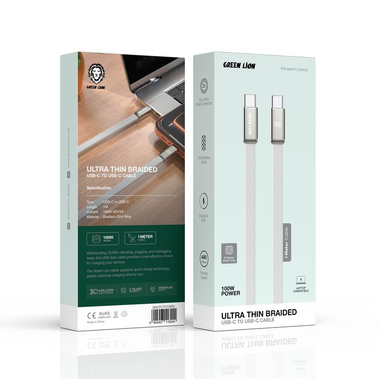 Green Lion Ultra-Thin Braided USB-C to USB-C Cable with 10000 Bends Life Span, Compatible with Laptop, 1m Cable length, Zinc Alloy Shell Connector, Flat-Braided Cable, Charge & Sync, 480Mbps Data Transfer Speed, 100W 20V/5A Cable Current, E-Marker Smart Chip - Silver