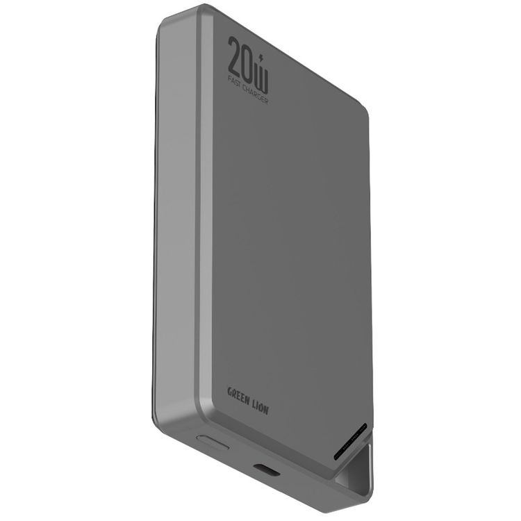 Green Lion Rayo 10000mAh Power Bank with PD 20W Fast Charging, 15W Wireless Output, Ultra-Slim Design, LED Power Indicator, Flight Approved, Strong Magnetic, Safety Protections - Gray