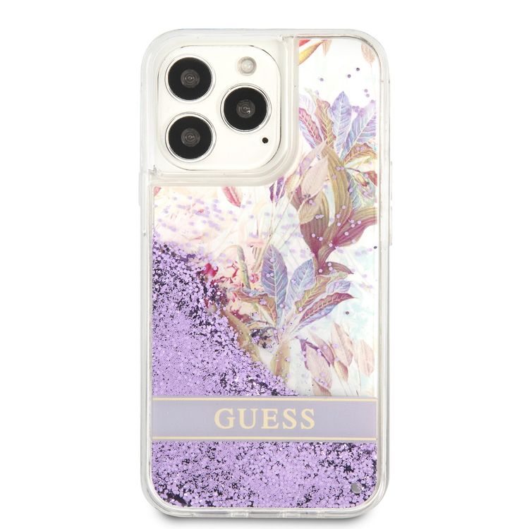 Guess GUHCP13XLFLSU Liquid Glitter Hard Case, Charms Hard Phone Case, Compatible for iPhone 13 Pro Max, Shock-Absorption Mobile Case Officially Licensed - Purple