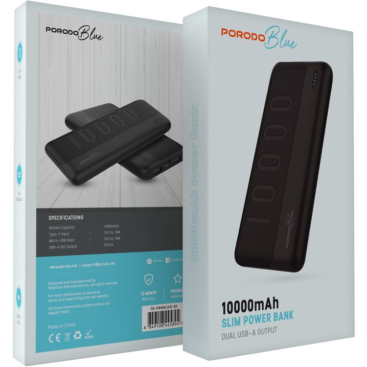 Porodo Blue 10000mAh Slim Power Bank with Dual USB-A Output, Lightweight & Compact Design, Type-C Input, LED Indicator - Black
