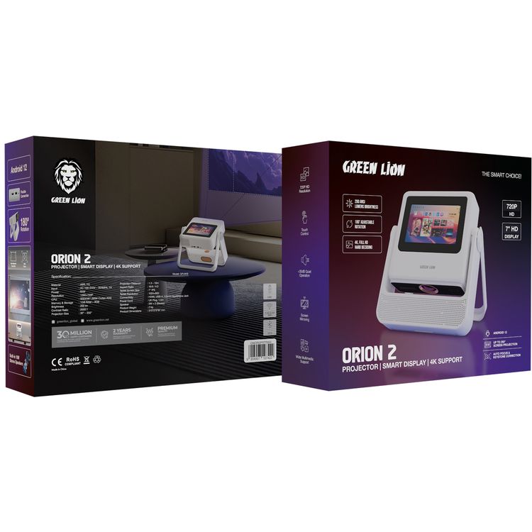 Green lion Orion 2 Smart Projector with Built-in Touch Screen, Auto Focus & Keystone Correction, 30" – 250" Projection Size, Android 12 Operating System200lm Brightness, 7" HD Display, 2.4G & 5G WiFi, Built-in 10W Stereo Speakers - White 