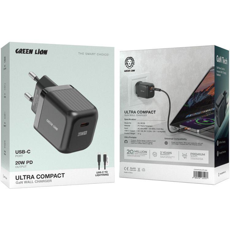 Green Lion Ultra Compact GaN Wall Charger with Single USB-C Port and USB-C to Lightning Cable, PC Flame Retardant Material, Fast Charging Support, Charging Protection, Universal Compatibility, Ultra Portable - Black