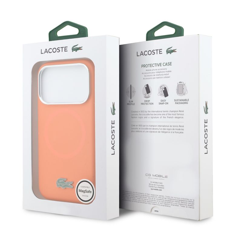 Lacoste MagSafe Silicone Case with Metal Logo for iPhone 17 Pro, Easy Snap-On, Drop Protection, Durable Material, Slim Profile - Orange