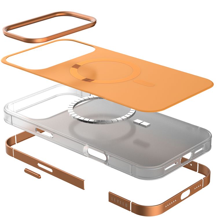 Levelo Opulis MagSafe Frosted Case for iPhone 17 Pro Max, Liquid Silicone Comfort, Anti-Scratch, Aluminum Alloy Frame for Camera & Edges, Anti-Fingerprint, Strong Magnets, Multi-Layer Design, Shock-Resistant Bumper, Non-Slip Surface - Sunrise Orange