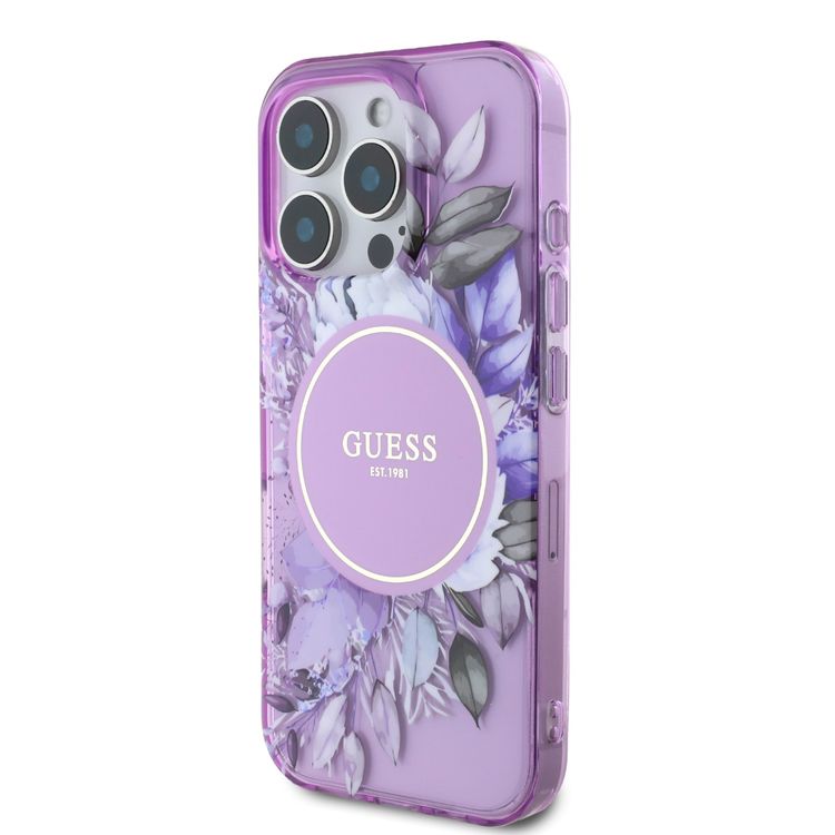 Guess Magsafe IML Transparent Hard Case with Flower Design & Tonal Circle Logo for iPhone 16 Pro Max, Lightweight, High Quality Material - Purple