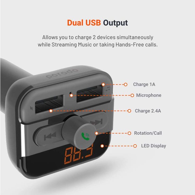 Porodo Wireless Hands-Free Car Kit With Built-In FM Transmitter 3.4AMP (15W)