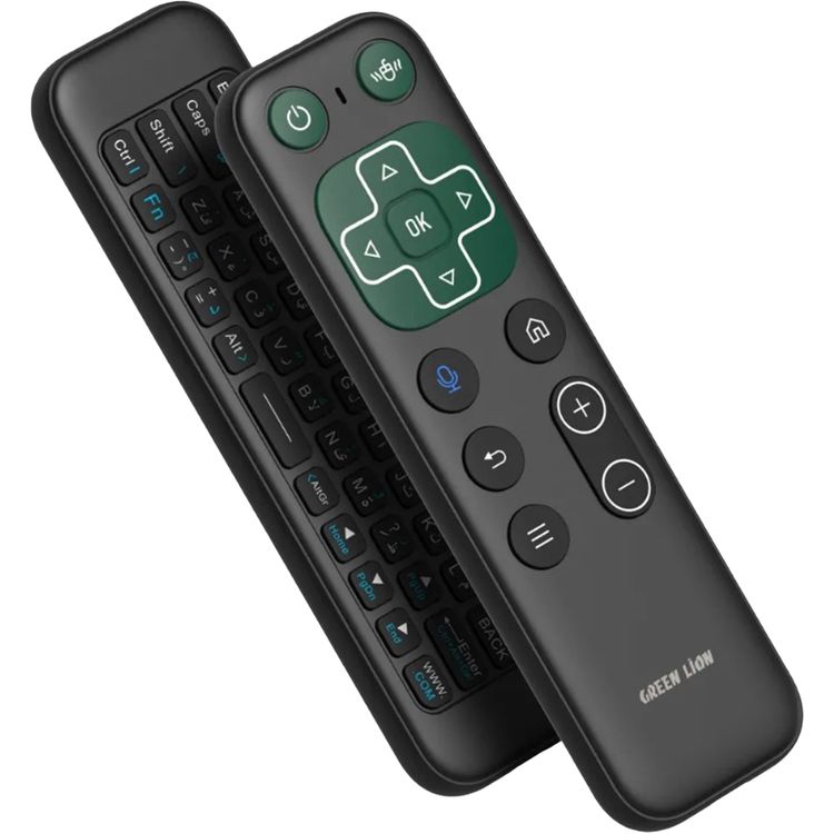 الأسد الأخضر جهاز تحكم عن بعد لاسلكي مع لوحة مفاتيح وفأرة، اتصال 2.4G + Bluetooth، دقة 1200 DPI، منفذ شحن USB-C، سعة بطارية 300 مللي أمبير، مساعد صوتي، لوحة مفاتيح صغيرة، فأرة هوائية – باللون الأسود