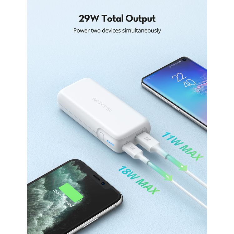 راف باور 2 منفذ بي دي باور بانك محمول 10000 مللي أمبير 29 واط شحن سريع ، منفذ يو تس بي سي بي دي ومنفذ يو اس بي - ا ، شاحن محمول صغير الحجم ، طاقة هائلة ، باور بانك للحماية من الحرارة الزائدة - أبيض