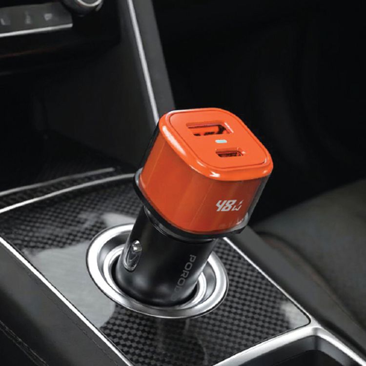Porodo Averin Multi-Port Car Charger with Aluminum Alloy Housing, Simultaneous Fast Charging, Universal Compatibility - Orange