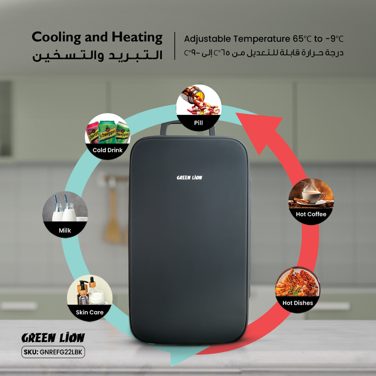 ثلاجة صغيرة جرين ليون بسعة 22 لتر، ضوضاء منخفضة، حماية متعددة، تحكم في درجة الحرارة، خيارات طاقة متعددة، هادئة وصديقة للبيئة، مدمجة ومحمولة، بتقنية التبريد المتقدمة - لون أسود.