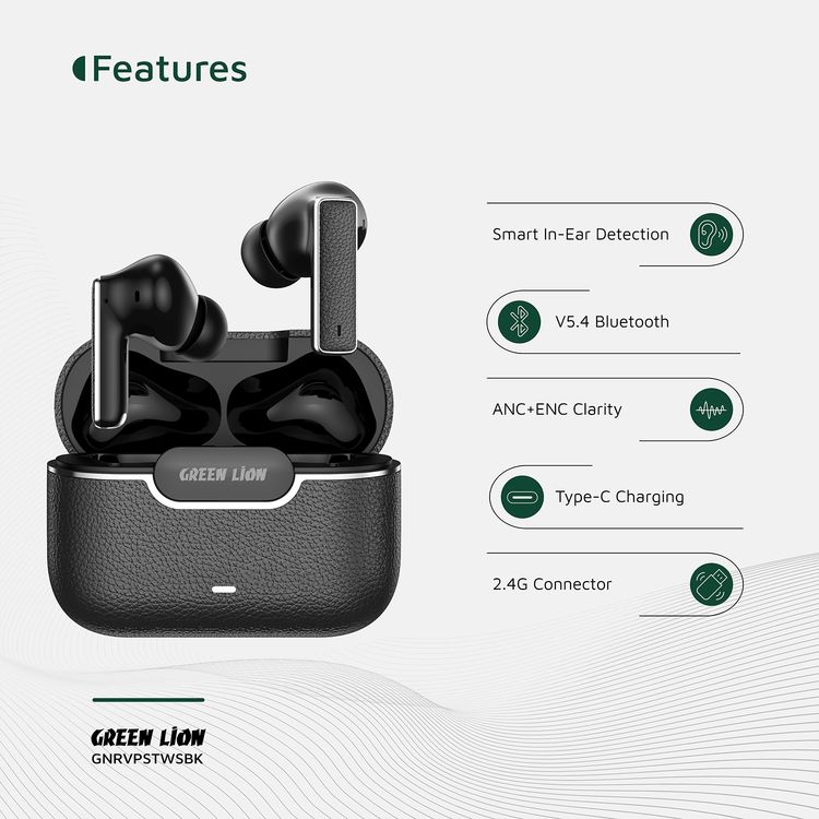 Green Lion River Plus True Wireless Earbuds with ANC + ENC Clarity, 2.4G Connector Included, Up to 7 Hours of Playtime, Smart in-Ear Detection, Bluetooth Version 5.4, -42dB Noise Reduction, 35 Hours Standby Time - Black