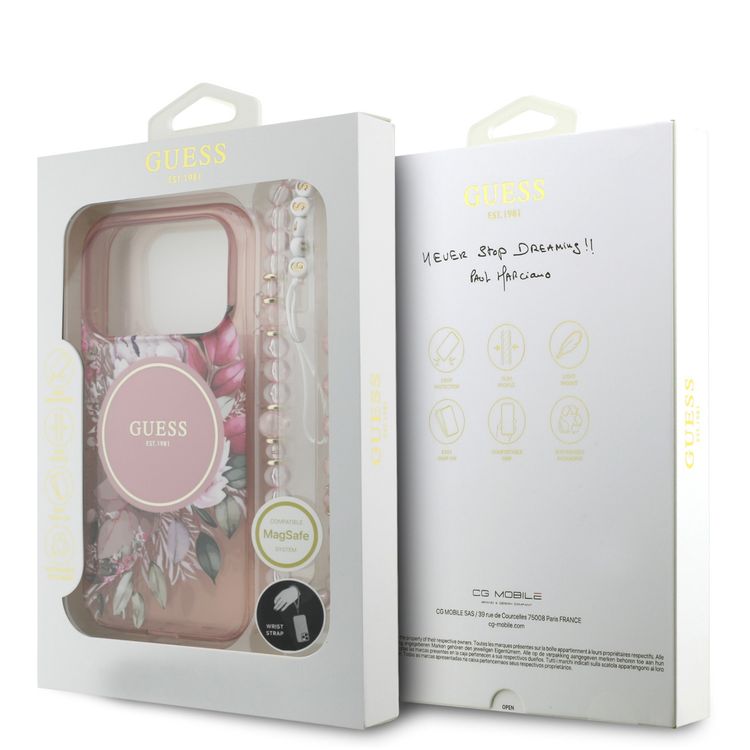 غطاء Guess MagSafe IML بنقشة الزهور وحزام للهاتف iPhone 17 Pro، سهولة التثبيت، تغليف مستدام، قبضة مريحة، حماية من السقوط، تصميم نحيف وخفيف الوزن - لون زهري.