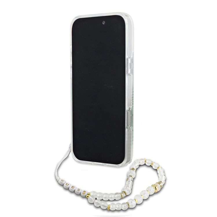 Guess Magsafe IML Hard Case for iPhone 16 Pro with Flower Wreath Design & Pearl Strap, Lightweight, Comfortable Grip, Drop Protection -Clear