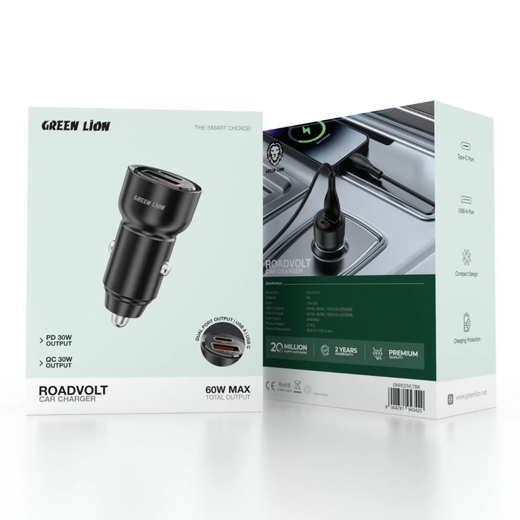 Green Lion Roadvolt Dual Port Car Charger, 60W Total Output, USB-C & USB-A Ports, Compact Design, Charging Protection & Multi-Device Charging - Black