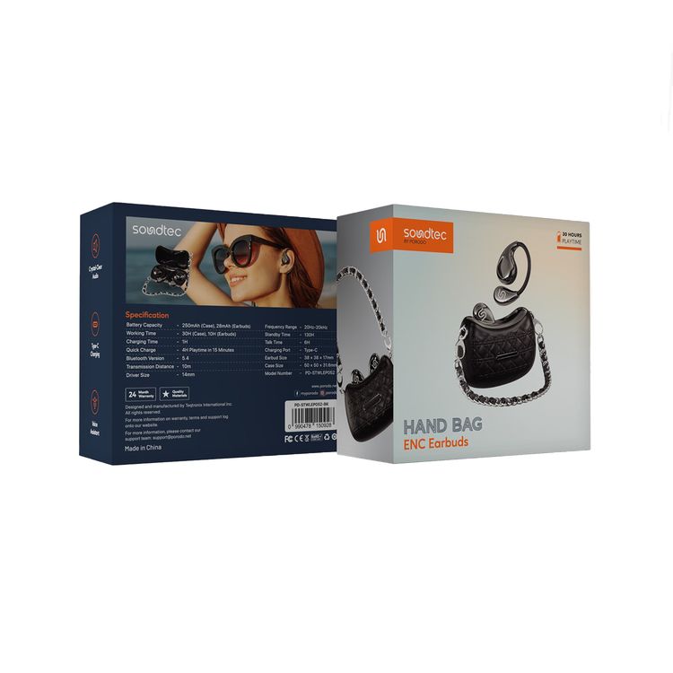 Porodo Soundtec Hand Bag ENC Earbuds with Voice Assistant, Up to 30 Hours Play Time, Fast Charge, 10m Transmission Distance, Up to 6 Hours Talk Time, Crystal-Clear Audio, Type-C Charging Port, 130 Hours Standby Time, 14mm Driver Size - Black