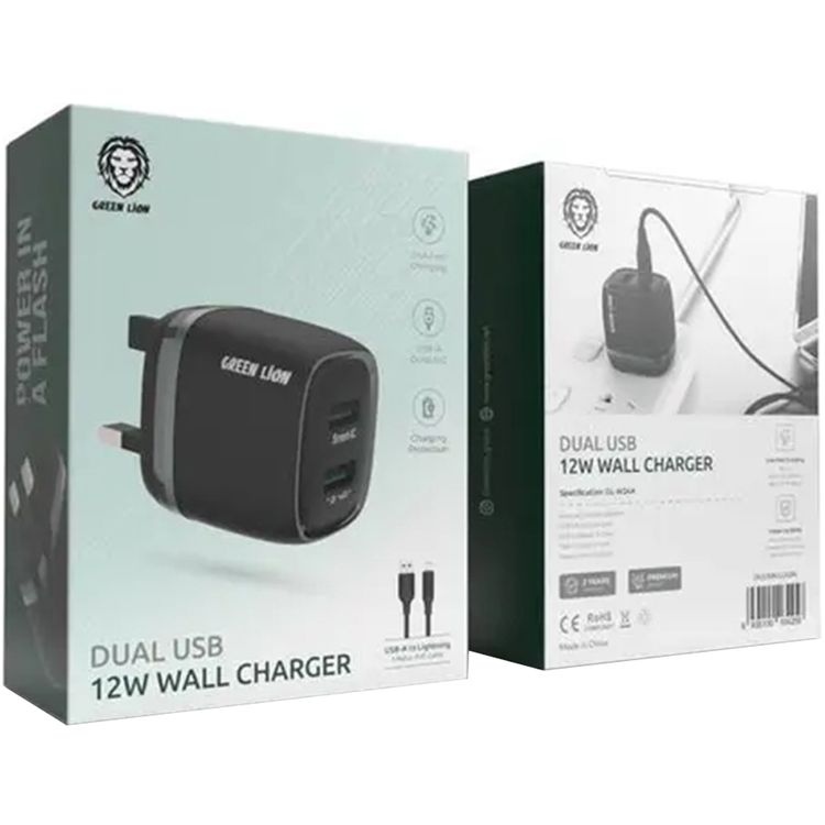 Green Lion Dual Port Wall Charger with USB-A to Lightning Cable Type, 1m Cable Length, 3-Pin UK Plug, 12W Power, 2.4A Fast Charging, ×2 USB-A Ports, Charging Protection, Multi-Device Charging, Portable Design - Black