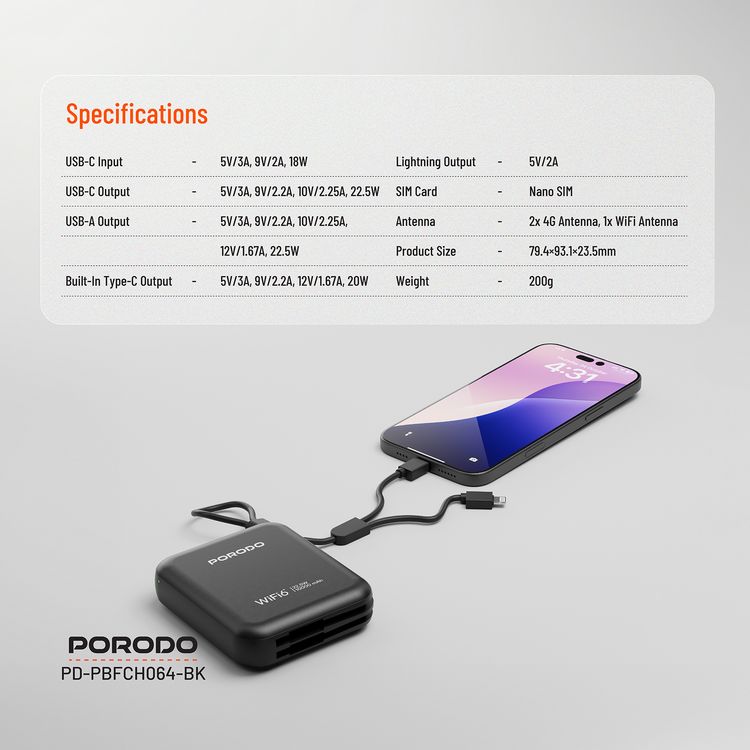 Porodo Portable 4G LTE WiFi Router,10000mAh Battery Capacity, 150Mbps Download Speed, 50Mbps Upload Speed, Built-in Cables, Secure Connection - Black