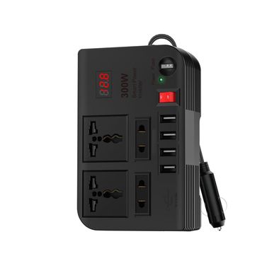 Green Lion Spark 3 Car Power Inverter with 300W Maximum Power, Overheat & Overload Protection, LED Display, Cooling Fan, 4 USB & 4 AC Outlets - Black
