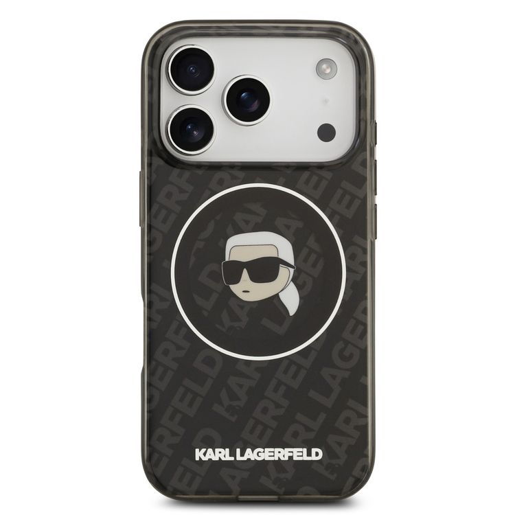 Karl Lagerfeld MagSafe IML Glitter & KL Repeated Case with Karl Head for iPhone 17 Pro, Slim Profile, Drop Protection, Easy Snap-On, Sustainable Packaging, Comfortable Grip, Lightweight Design - Black