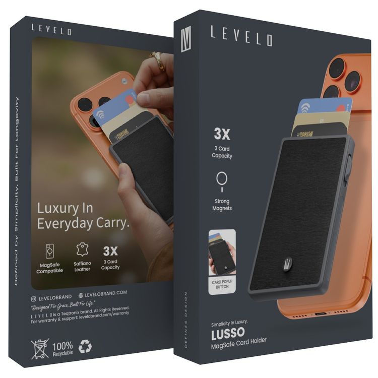 Levelo Lusso MagSafe Card Holder with Strong MagSafe Magnet, Saffiano PU Leather, 3 Card Slots, Card Pop-up Button - Black