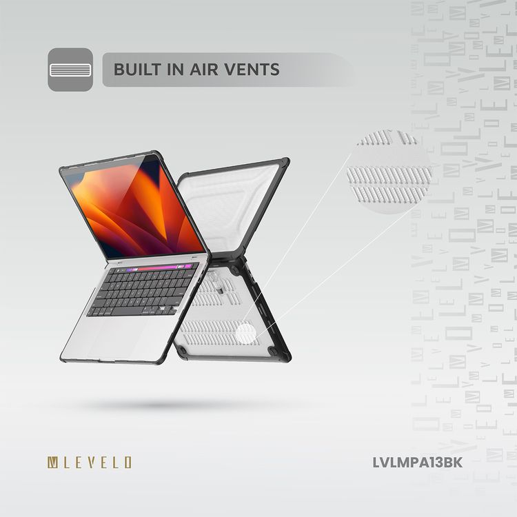 Levelo Espectro Case for MacBook Air 13.3" (2018-2020), 360° Full Protection, Foldable Stand Design, Built-in Air Vents, Shock-Proof Edges, Easy Installation & Removal - Black