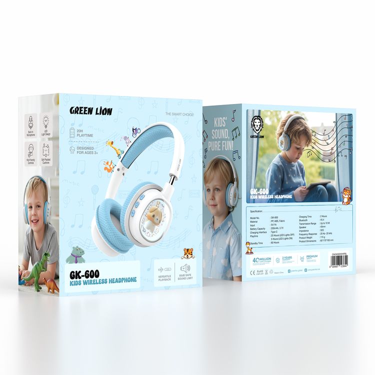 Green Lion GK-600 Kids Wireless Headphone with 20 Hours Play Time, Designed for Ages 3+, Versatile Playback, 85dB Safe Sound Limit, Built-in Microphone, LED Light Design, Soft Padded Cushions, Kid-Friendly Controls - Blue