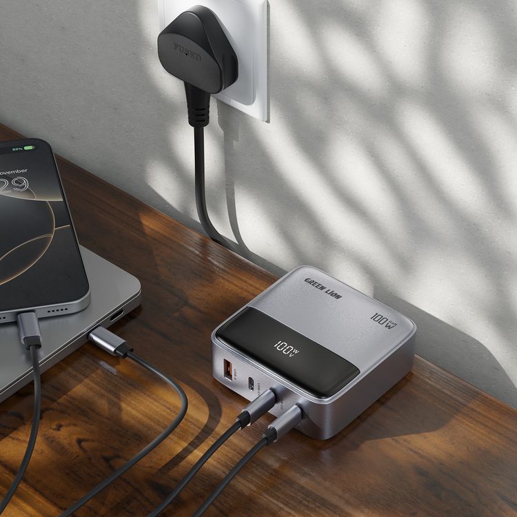 Green Lion Premium GaN UK Plug Adapter with 100W Power Delivery, PC Flame Retardant Material, Multiple Protection, USB-C & USB-A Ports, Multi-Device Charging - Gray