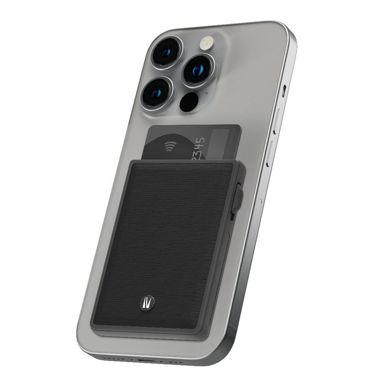 Levelo Lusso MagSafe Card Holder with Strong MagSafe Magnet, Saffiano PU Leather, 3 Card Slots, Card Pop-up Button - Black