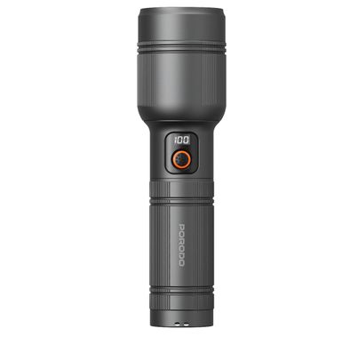 Porodo Lumalite 2600 Lumens Rechargeable Flashlight with Ultra-Bright Beam, 5000mAh Battery, 30W Rated Power, Up to 700m Coverage Area, USB-C Charging Port, 3.8 Hours Working Time, Manual Zoom Control, Multi-Mode Operation - Gray