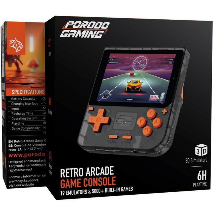 وحدة تحكم ألعاب Porodo Gaming Retro Arcade، محاكي ثلاثي الأبعاد، تصميم مريح، تشغيل صوتي غامر، شاشة IPS مقاس 3.5 بوصة، عمر بطارية 6 ساعات، بطارية 3000 مللي أمبير في الساعة - أسود / برتقالي 