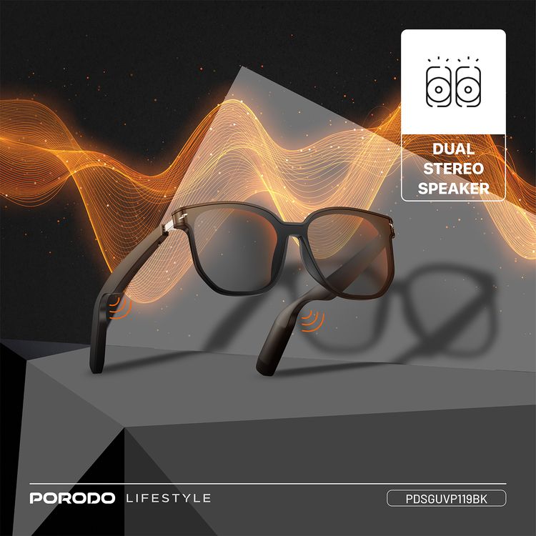 Porodo Lifestyle Optix Smart Glasses with Audio, Built-in Microphone, 6 Hours Playtime, Type-C Charging Interface, UV400 Protection, Bluetooth Version 5.3, 10m Transmission Range, 2x 110mAh Battery Capacity, Touch Control, Dual Stereo Speakers, Hi-Fi Sound Quality - Black