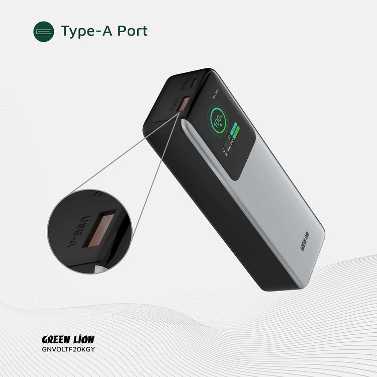 Green Lion Voltura 20000mAh Power Bank with TFT Display, Lightweight Design, Fast Charging, Wide Compatibility, Exquisite Appearance - Gray
