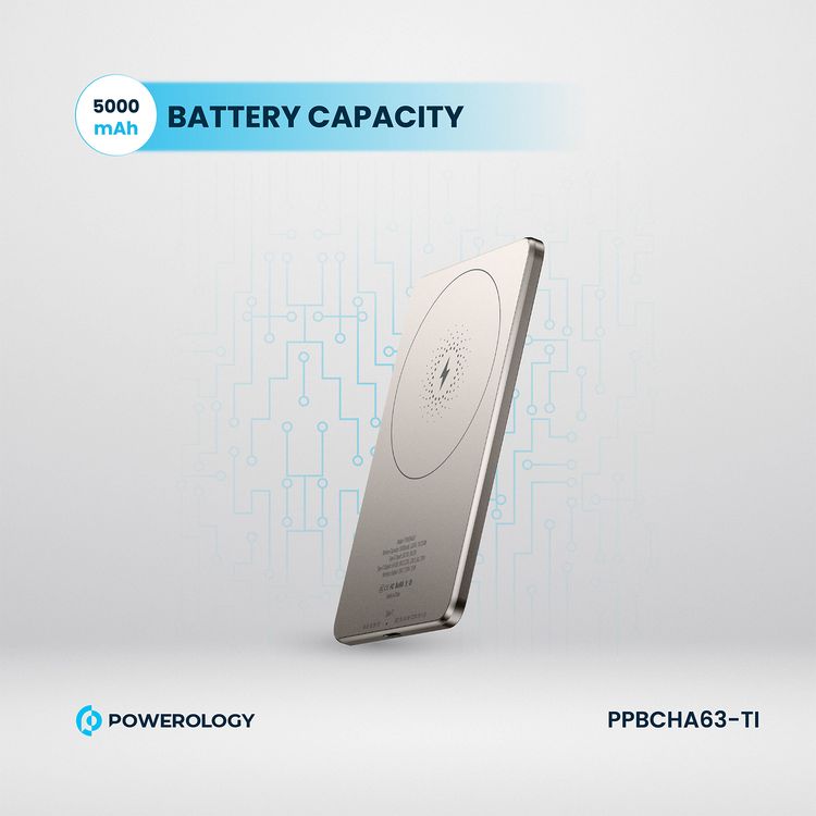 Powerology Ultra-Thin 5000mAh MagSafe Power Bank, Portable & Lightweight, Efficient Heat Dissipation, Aluminum Housing, Built-In Safeguards, Strong Magnet - Titanium