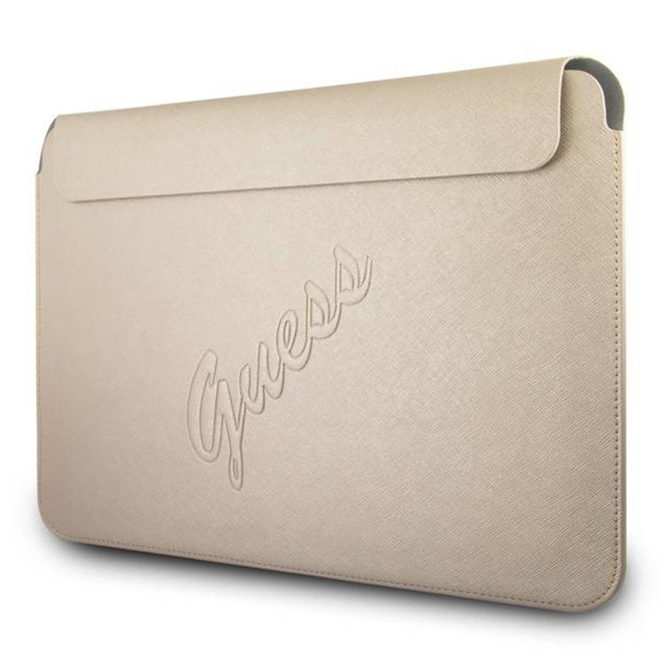 Guess PU Saffiano Script Computer Sleeve 13" with High-Quality Synthetic Leather Material, Water Resistant, Magnetic Closure - Gold