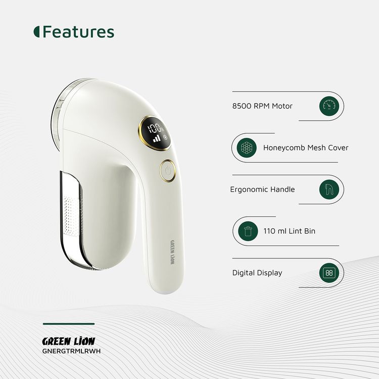 Green Lion Ergotrim Digital Fabric Remover with 3-Gear Speed Control, Up to 3 Hours Working Time, 110mL Lint Bin Capacity, 6-Leaf Blade, Honeycomb Mesh Cover, Ergonomic Handle, Safety Protection - White