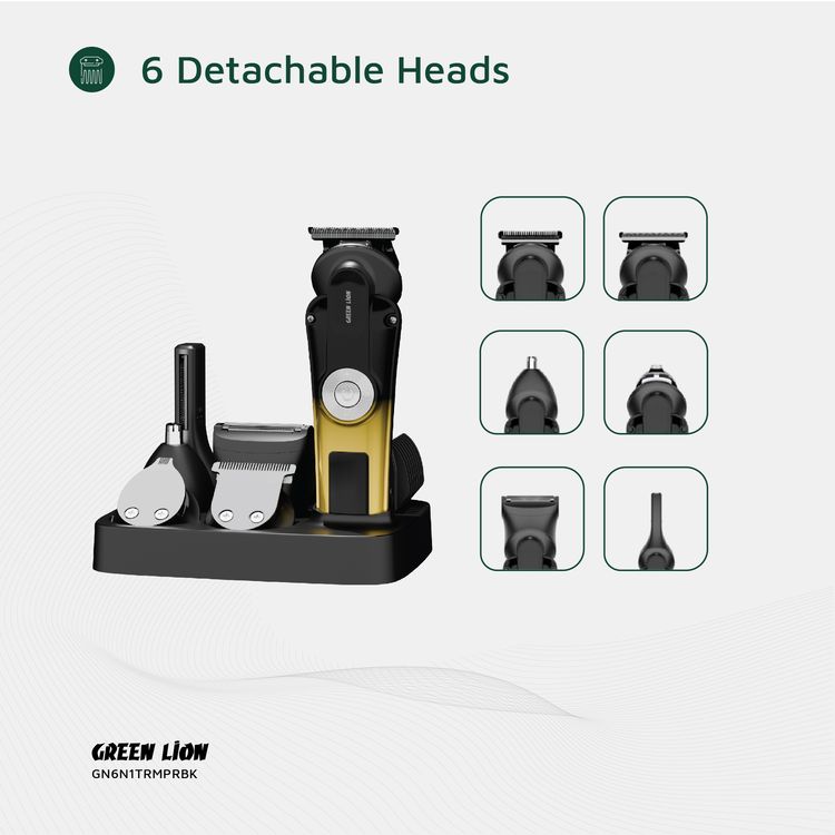 Green Lion 6-in-1 Trim Pro Grooming Kit with 3/6/9/12mm Limit Combs, Digital Display, Storage Base, Type-C Charging, 2 Speed Levels, 2 Hours Working - Black