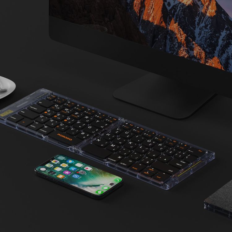 Porodo Crystal Shell Wireless Keyboard, Transparent, Bluetooth Connection, Foldable, 65 Keys + Arabic Layout, 80mAh Lithium Battery, Scissor Key Switches, Compatible with Windows, iOS, Android, Mac - Black