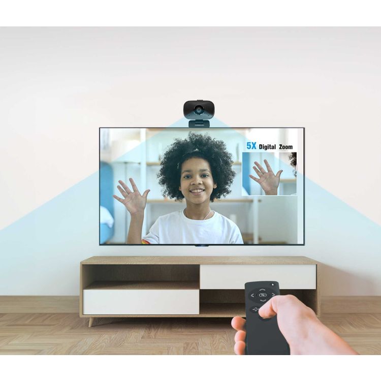 Powerology 1080p Webcam with Digital Zoom, 5W Speaker, Dual Microphone, up to 8m Voice Pickup, 90° Field of Vision, Remote Control & Tripod, 1.8m Cable Length - Black