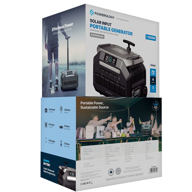 Powerology Solar Input Portable Generator with 640,000mAh Battery Capacity, 4 AC Outputs, 100W Power Delivery, UK 3-Pin Plug, 3 DC Outputs, 3W Light Output - Black