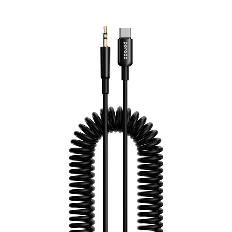 Porodo 3.5mm AUX to USB-C Coiled Audio Cable with 1.2m Length, Universal Compatibility, Auto-Retract & Tangle-Free Design - Black