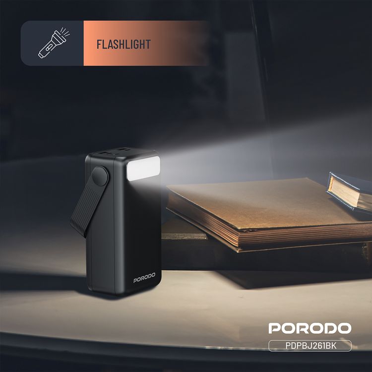 Porodo Lara 30000mAh Power Bank with Flashlight, Portable Handle, PD 20W, Fast Charging, ×2 USB-A & USB-C & Micro Ports, 4 Integrated Cables, Universal Compatibility - Black