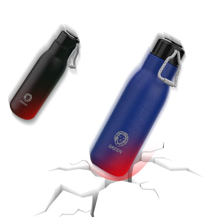 Green Lion Vacuum Flask Stainless Steel Water Bottle 500ml / 17oz with Strap, Aqua Max Double Vacuum Wall, Smudge Resistant, Scratch Defense & Condensation Proof - Blue