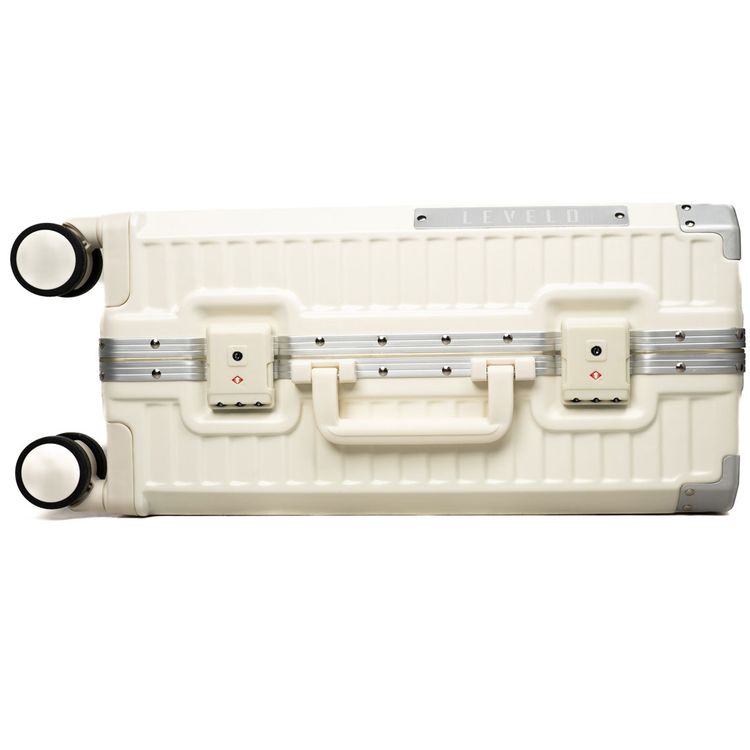 Levelo RoamRollers 20" Travel Luggage with Aluminum Body Material, USB-A & USB-C Output Ports, Metal Corner Protection, Front Pocket Compatible with Up to 15.6" Laptop, Phone and Cup Holder, Silent Spinner Wheels - White