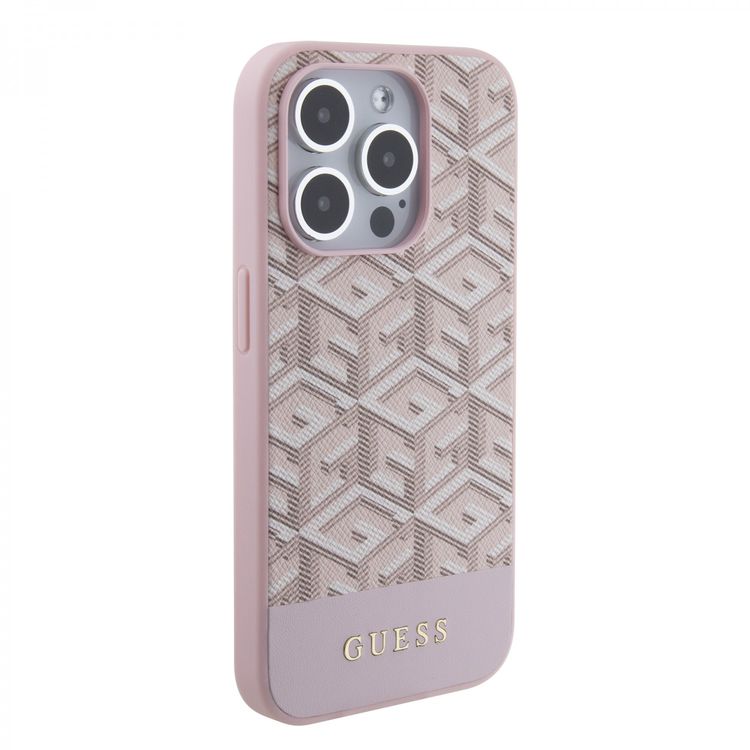Guess Magsafe Leather Case with Gcube Stripe Pattern - Pink - iPhone 15 Pro Max