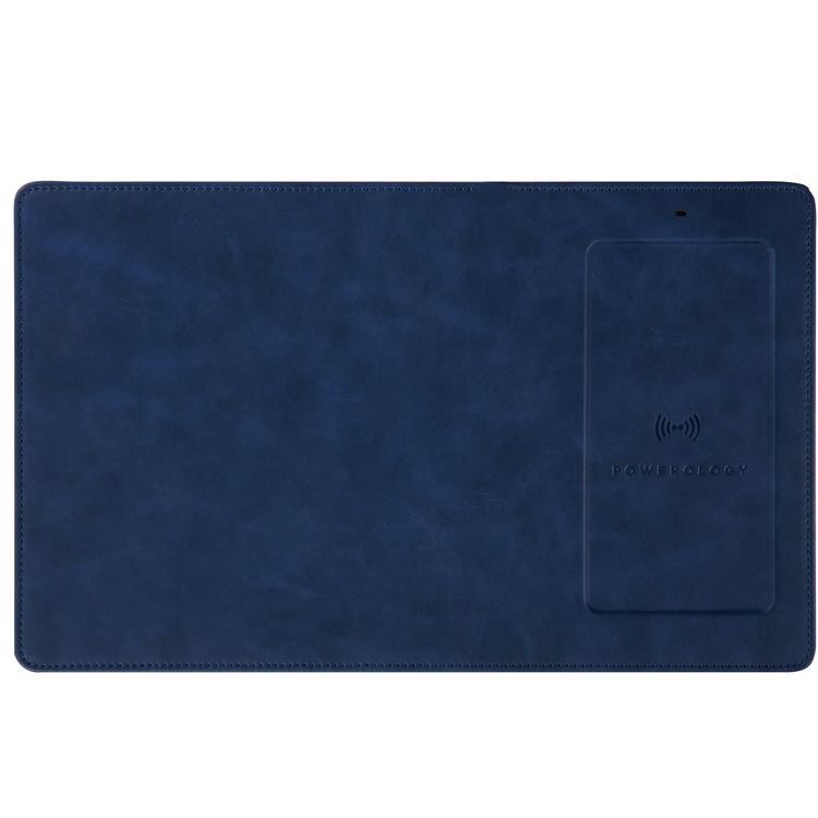 Powerology PU Leather Qi Wireless Charging Mouse Pad 10W, Case-Friendly, Fast Wireless Charging Mouse Mat Compatible for 12/12 Pro/12 Pro Max/11/11 Pro/11 Pro Max, Samsung Galaxy S10/S9/S8/Note 10 - Navy Blue