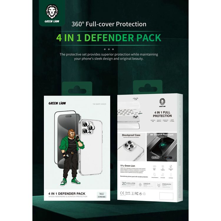 Green Lion 4-in-1 Defender Pack for iPhone 16 Pro Max, Anti-Shock Case, Nano HD Full Protection, Camera Lens Film, 3D Pet HD Glass - Silver 