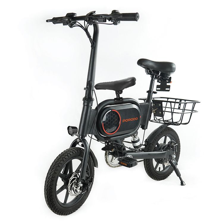 Porodo Lifestyle Folding Urban Electric Bike with 120kg Load Capacity, 14" Wheels, Pedal Assist System, 25km Max Distance, 15° Incline, Front and Rear Brakes - Black